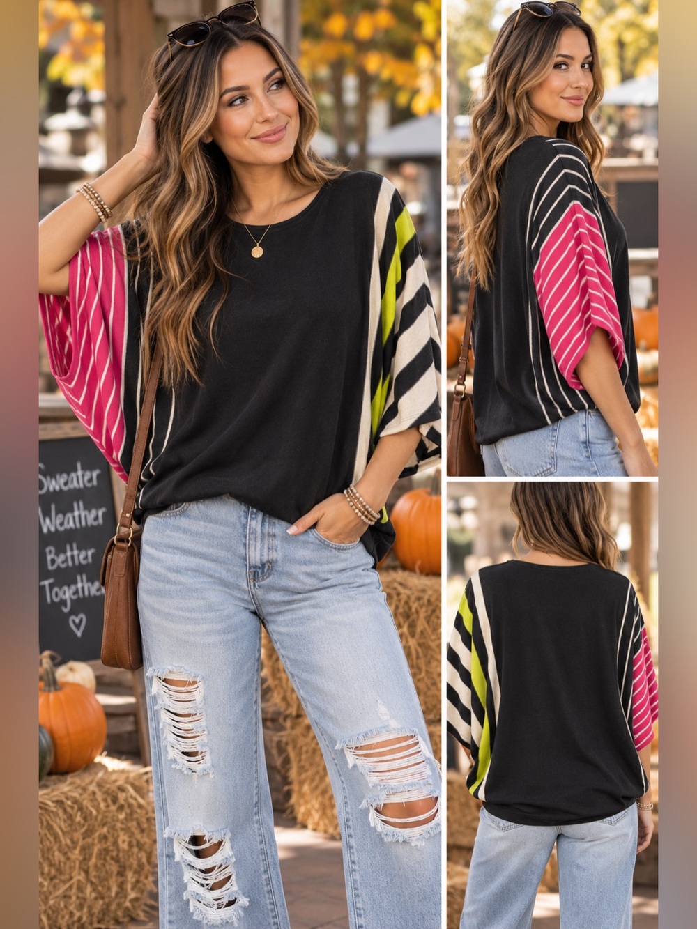 Hanna M Black Colorblock Striped Dolman Sleeve Top Size Medium
